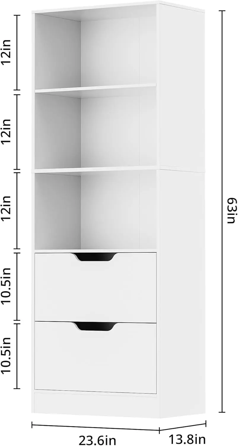 Bookcase With 2 Drawers, 63"" 3-Tier Bookshelf With Storage, 3 Shelf Bookcase With Adjustable Shelf, Modern Bookshelf, Open