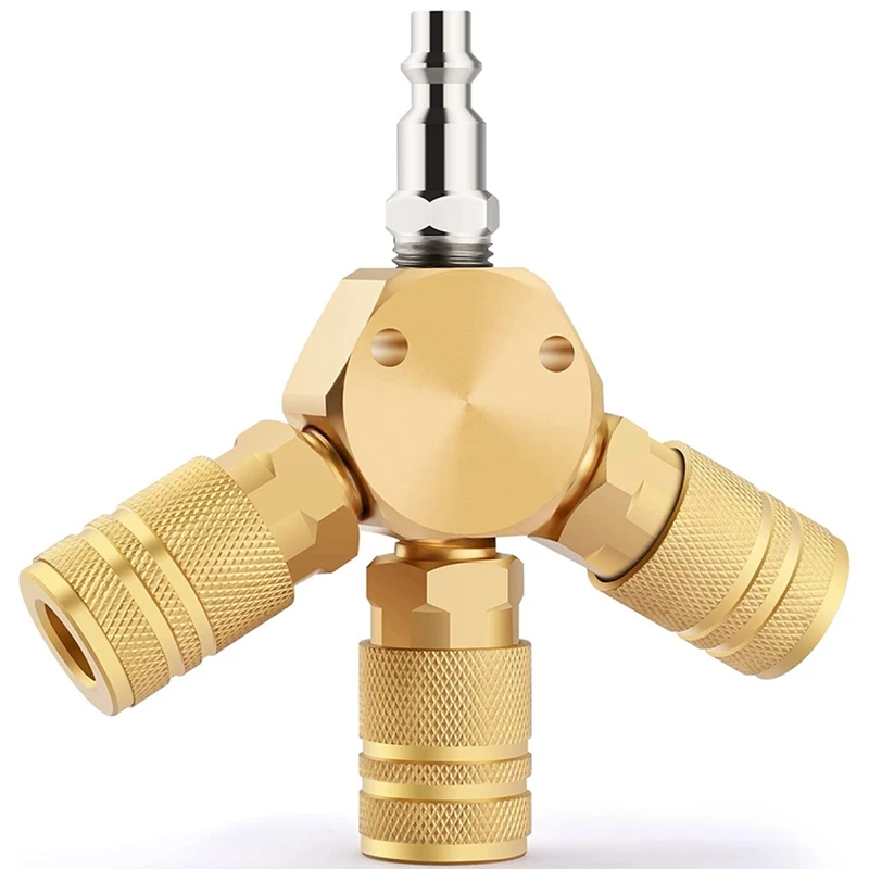 Air Splitter, 3-Way Air Manifold With 3 Pieces Brass Industrial Coupler And 1/4Inch Male NPT Plug, Quick Connect Fitting