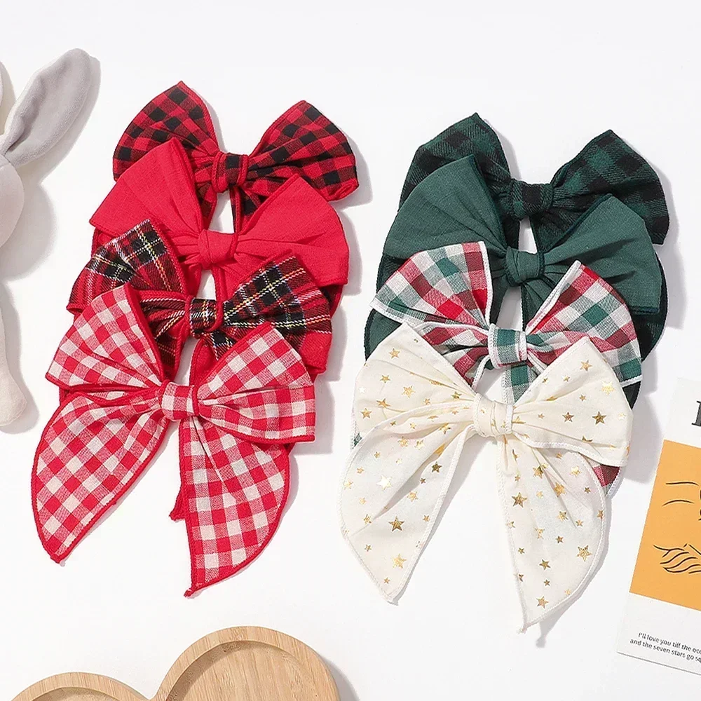 2Pcs/Lot Kids Buffalo Plaid Bows for Christmas Hair Clips Girls Red Bowknot Hairpin Classic Handmade Baby Hair Accessories Gifts