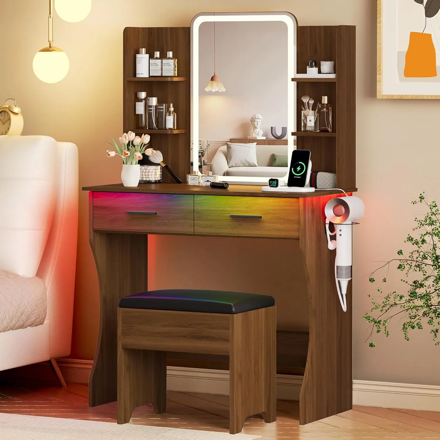 i*-Vanity Desk with LED Lights Mirror & Power Outlet, Small Makeup Vanity Table Set with Storage Drawers & Chair, 3, Customized