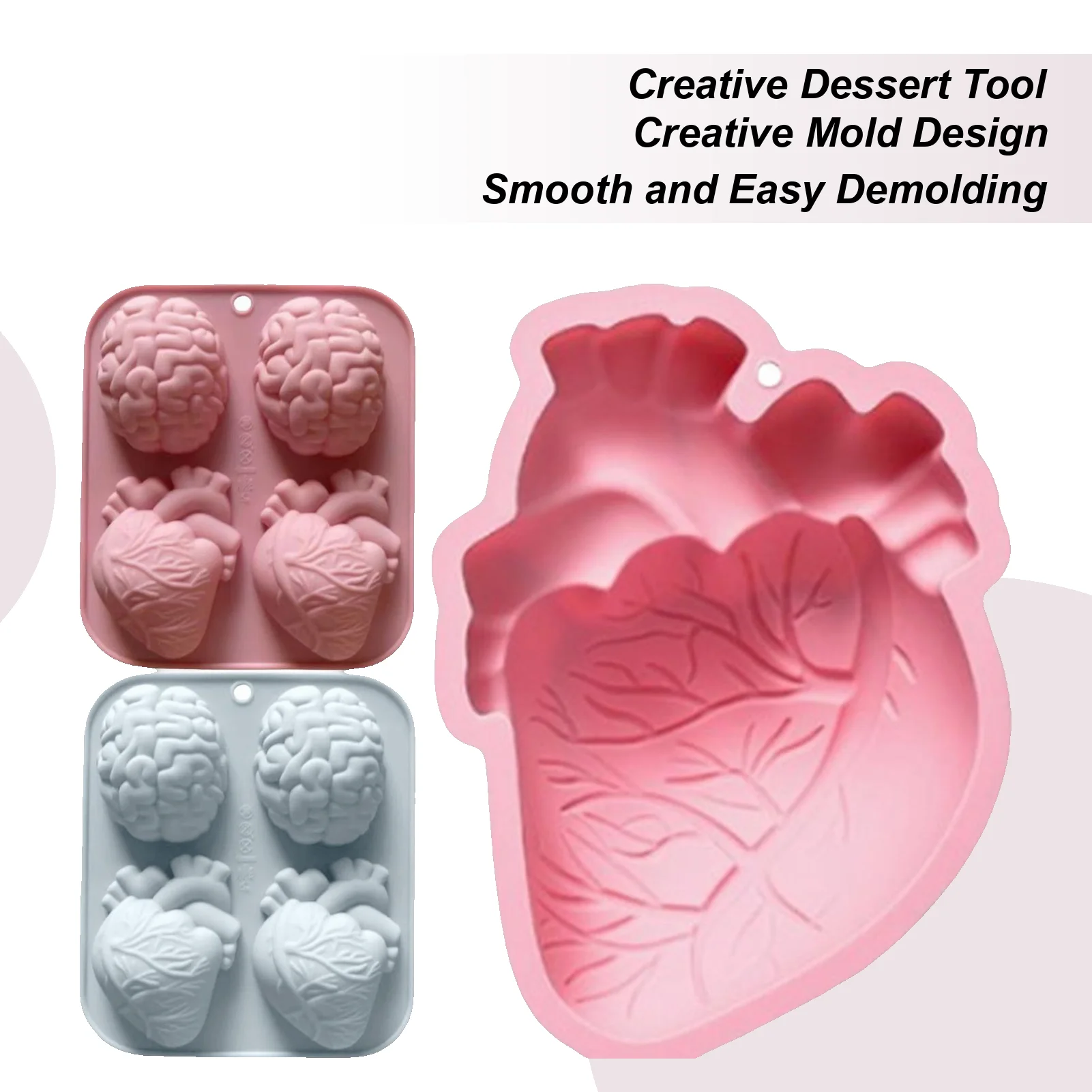 Human Heart Silicone Mold 4-Cavity Handmade 3D Brain Molds For Epoxy Resin Halloween Party Supplies Non Stick Craft-Making