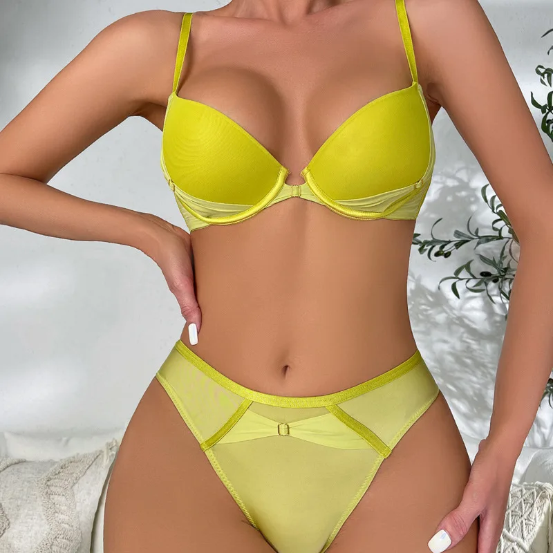 Sexy Mesh Smooth Chest Gathering Bra donna sottile sotto spessa Mold Cup Lingerie Set biancheria intima erotica solida femminile tutti i giorni