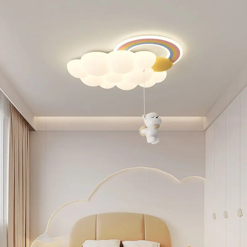 Cartoon Rainbow Chandelier Lights White Cloud Ceiling Lamp Kids Baby Bedroom Chandelier Lamps with Hanging Horse Rabbit Bear