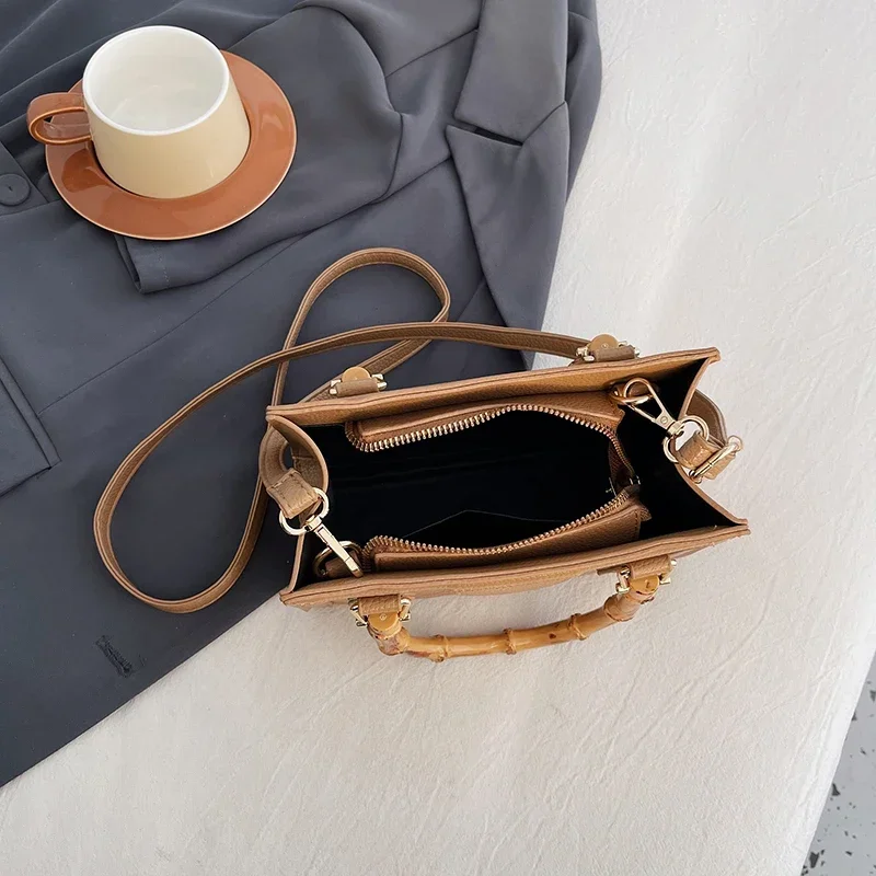 Vintage Bamboo Top Handle Tote Solid Color Leather Handbag Brand Designer Shoulder Bag For Women Small Square Crossbody Bag Lady