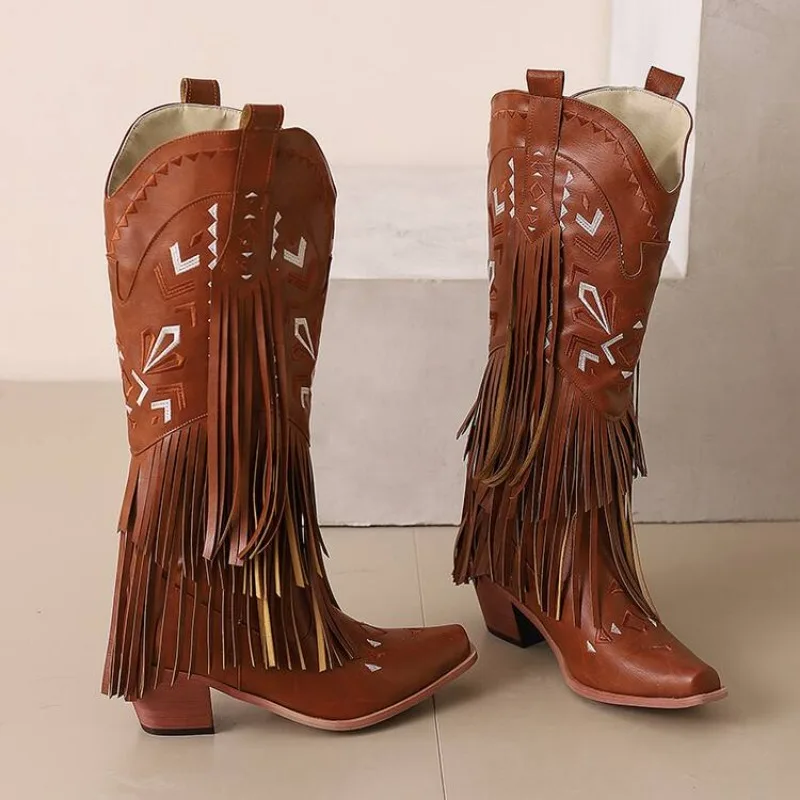 2024 European and American Fashion Thick Heel Tassel Sleeve Boots Women\'s Western Embroidered Denim Knee Length Boots