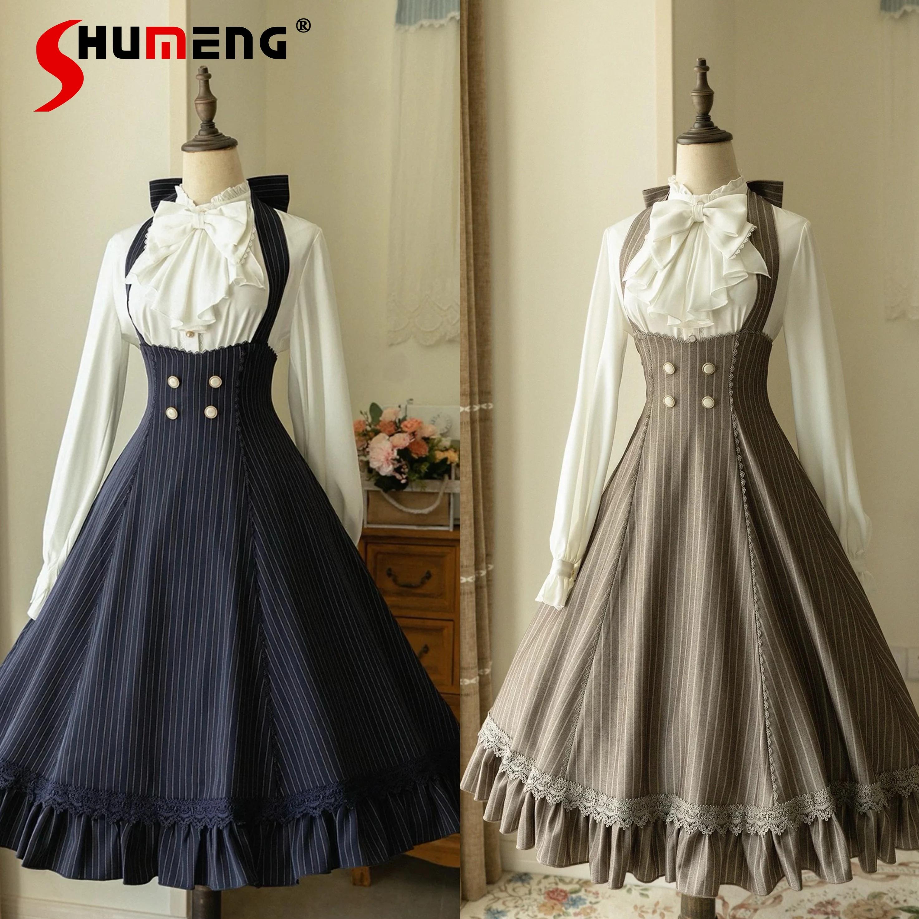 

Original Women's Retro Lolita JSK Shirt Set Long Sleeve Blouse French Style CLA Striped Suspender Dress Spring and Autumn 2025