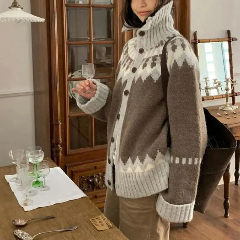 

Винтажные свободные свитера Fair Isle, осенне-зимняя водолазка, повседневная женская одежда, народный стильный однобортный вязаный кардиган