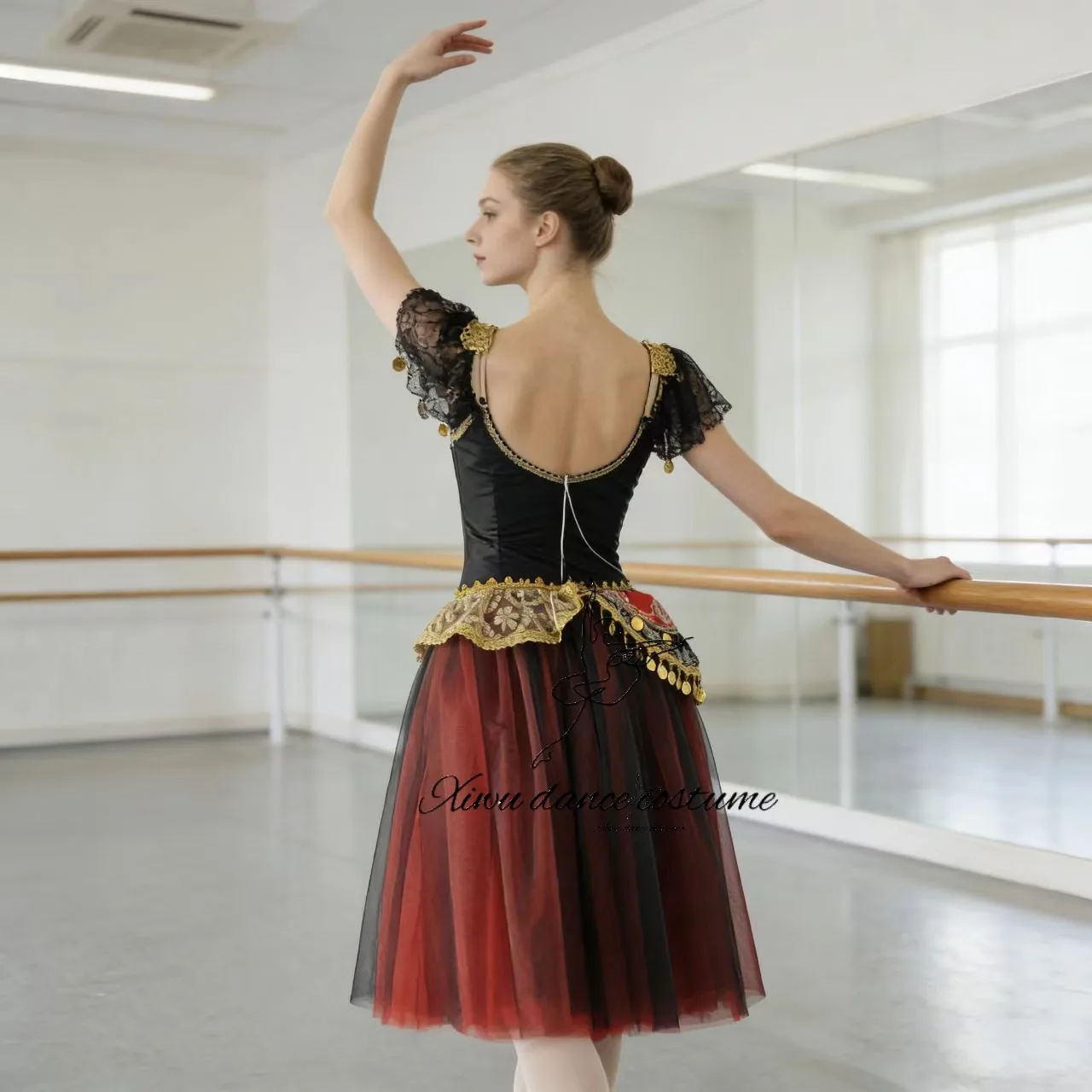 Glamorous Black Red Flamenco Style Ballerina Dress - Gold Embroidered Stage Tutu view 4