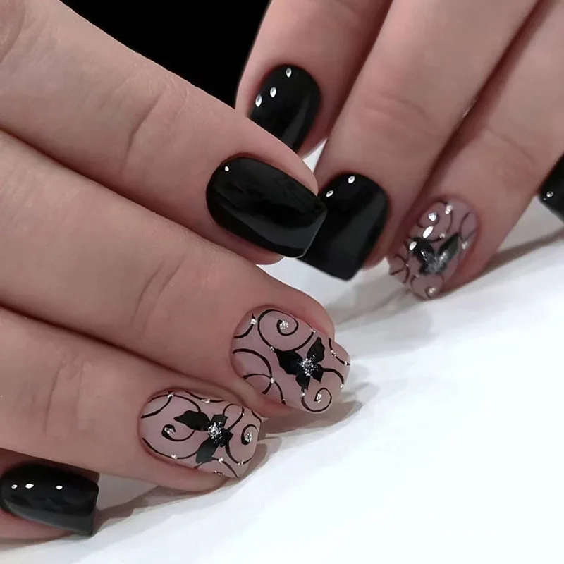 24 piezas set de uñas postizas cortas cuadradas para primavera verano estilo francés con diseño de flores y mariposas 2