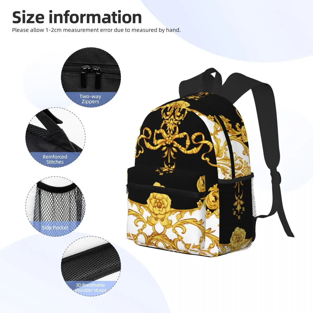 Borsa da scuola da viaggio Casual Daypack con sfondo barocco dorato con tasche per le donne College