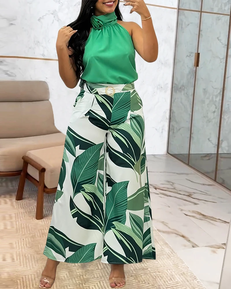 Ladies 2 Piece Pants Set 2025 Summer Green Cold Shoulder Printed Sleeveless O-Neck Tops +High Waist Wide Leg Pants Party Street