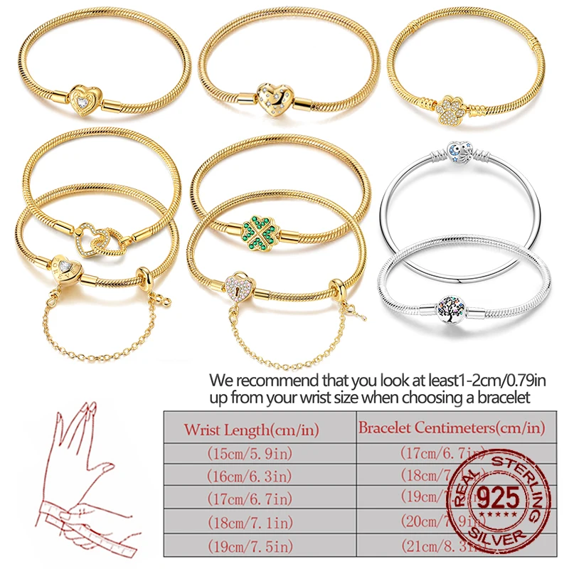 

925 Sterling Silver Golden Claw Seal Bracelet Base Chain 17-20CM Heart Love Key Charm Forever Family Bracelet Jewelry DIY Gift