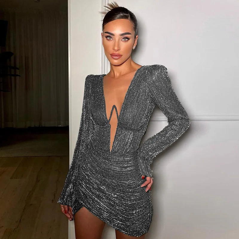 

Women Sexy Deep V-neck Mini Dress Elegant Sequin Circular Buckle Long Sleeve A-line Short Dresses 2024 Lady Party Evening Robe