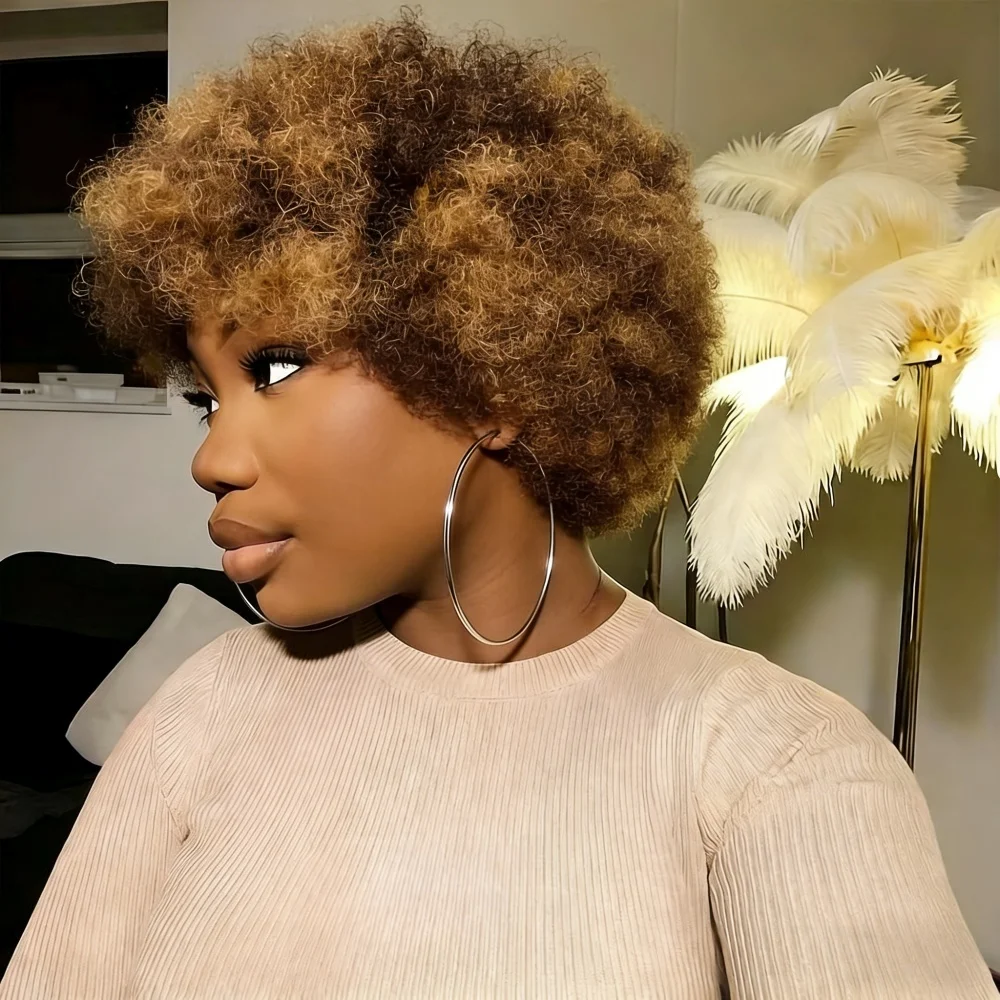 P427 Highlight Short Pixie Cut Wigs Human Hair Afro Kinky Curly Fluffy Bob Wigs 12A Brazilian Hair Full Machine Wigs 6 Inch