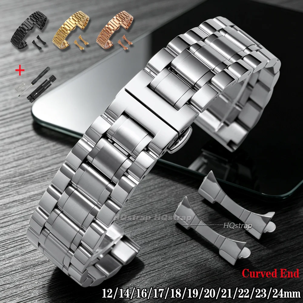 Gebogenes Edelstahl-Uhrenarmband 12/14/16/17/18/19/20/21/22/23/24mm Armband mit Schmetterlingsverschluss für Damen und Herren Universelles Band