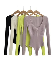 Women Knot Cross V-neck Bodysuits Long Sleeve 4 Colors Knits Elastic Slim Tops Jumpsuits