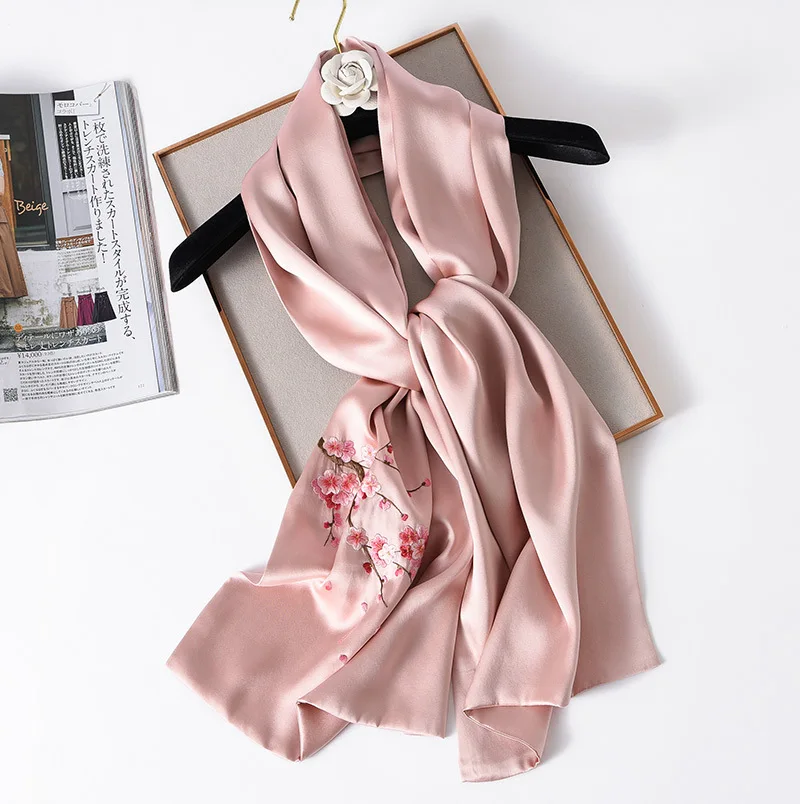 

150*35cm 100% Silk Embroidery Hijab Scarf For Women Luxury Brand Double Thickness Long Size Satin Shawls And Wraps Spring Autumn