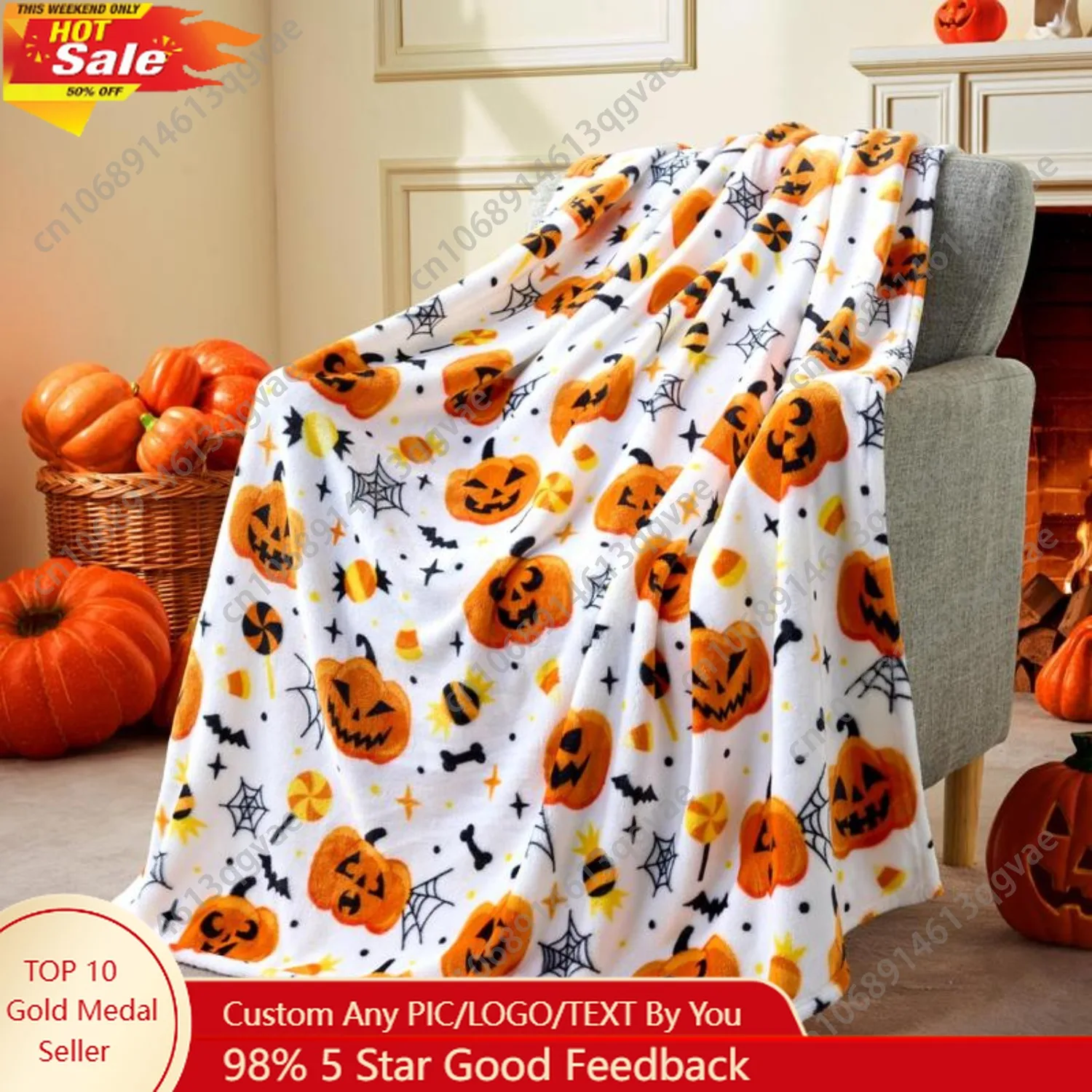 

Halloween Throw Blanket Orange Pumpkin Soft Plush Blanket Halloween Blanket with Ghost Horror Witch Cat Spider Web Bat