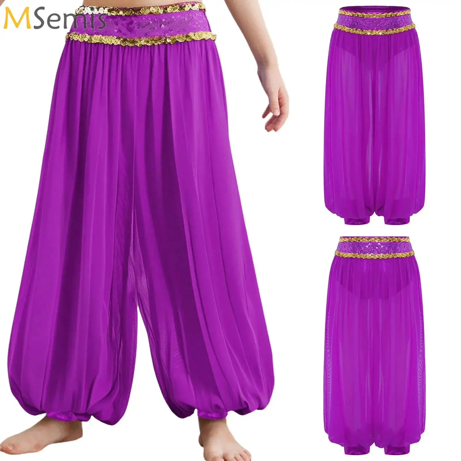 

Chiffon Sheer Mesh Belly Dance Harem Pants Girls Arabic Halloween Lantern Shiny Sequins Pants Fancy Bloomers Trousers For Dance
