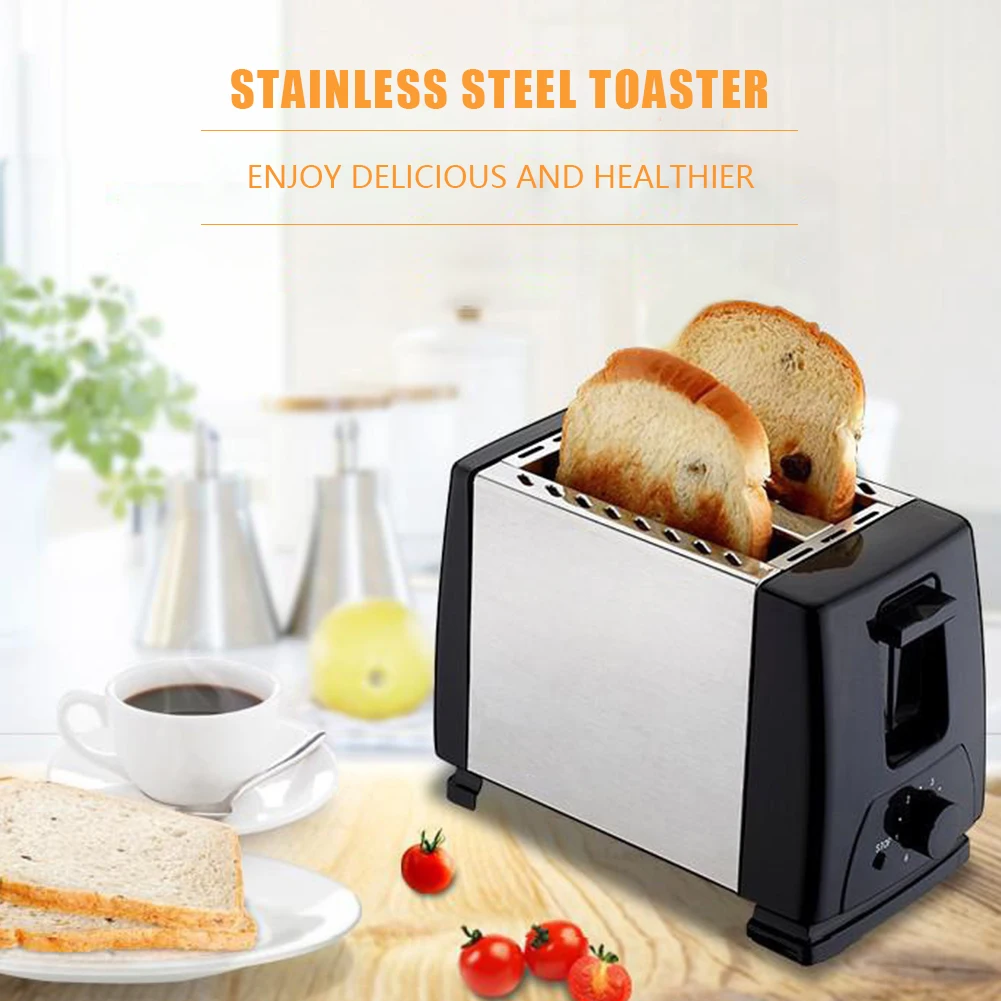 2 Slices Bread Baking Oven Fast Heating Mini Breakfast Toaster Stainless Steel Wide Slot 6 Toast Settings for Bread Bagel Waffle