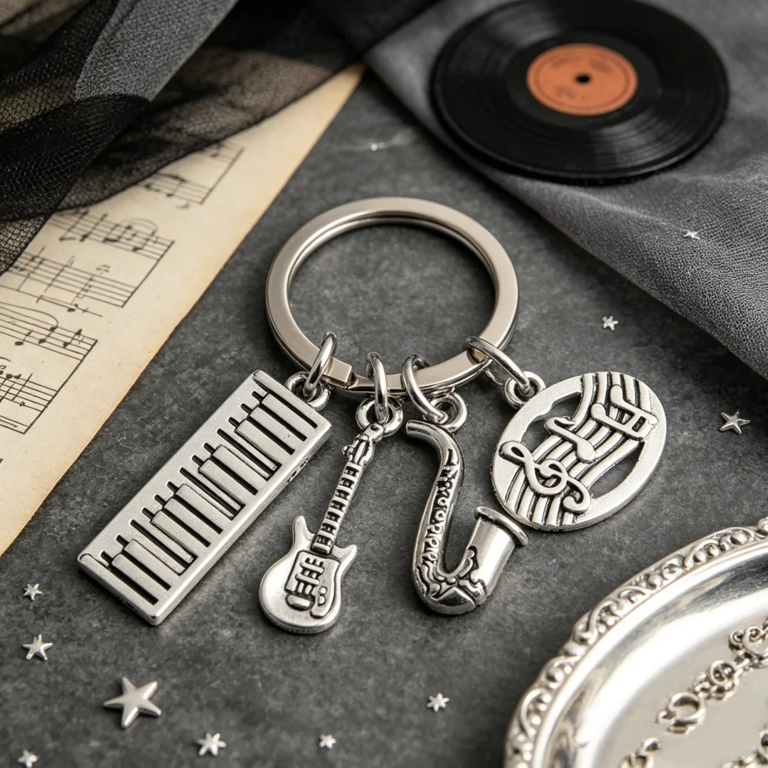 1 Stück Niedlicher Schlüsselanhänger mit Musiknoten, Klaviertastatur, Gitarre, Saxophon, Handgemachter DIY-Handtaschenanhänger, Schmuckgeschenk für Musikliebhaber