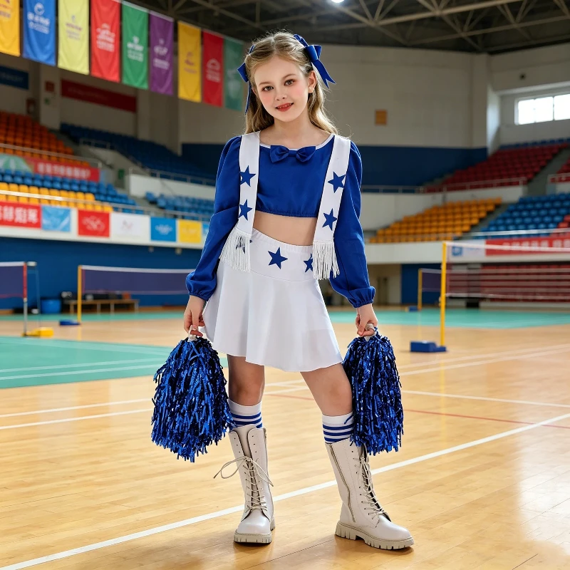

Mädchen Cowboy Cheerleading Costume Blue Tassel Top Activity Opening Dance Suit Holiday Party Stage Performance Cosplay Outfit
