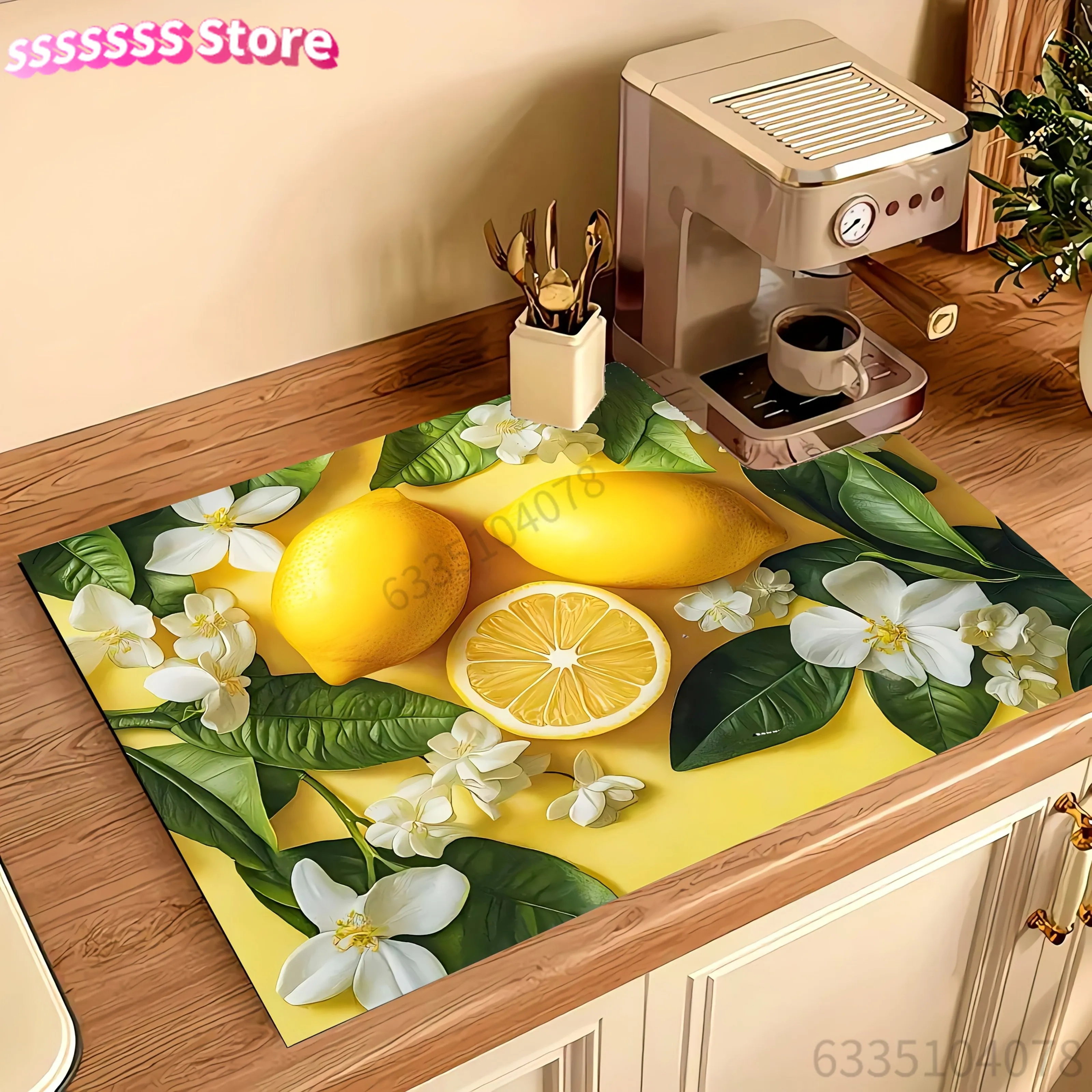 Lemon Print Pattern | Polyester Dish Drying Mat, Non-Slip and Absorbent, Suitable for Kitchen Drain, Table Protection, Cup Coast