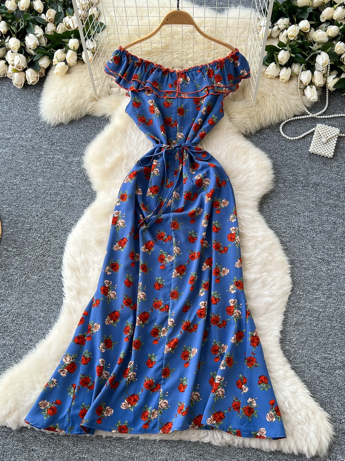 레트로 플로럴 프린트 여름 원피스 여성 A라인 미디 스커트 하이웨이스트 주름 어깨 원숄더 플리츠 피쉬테일 드레스