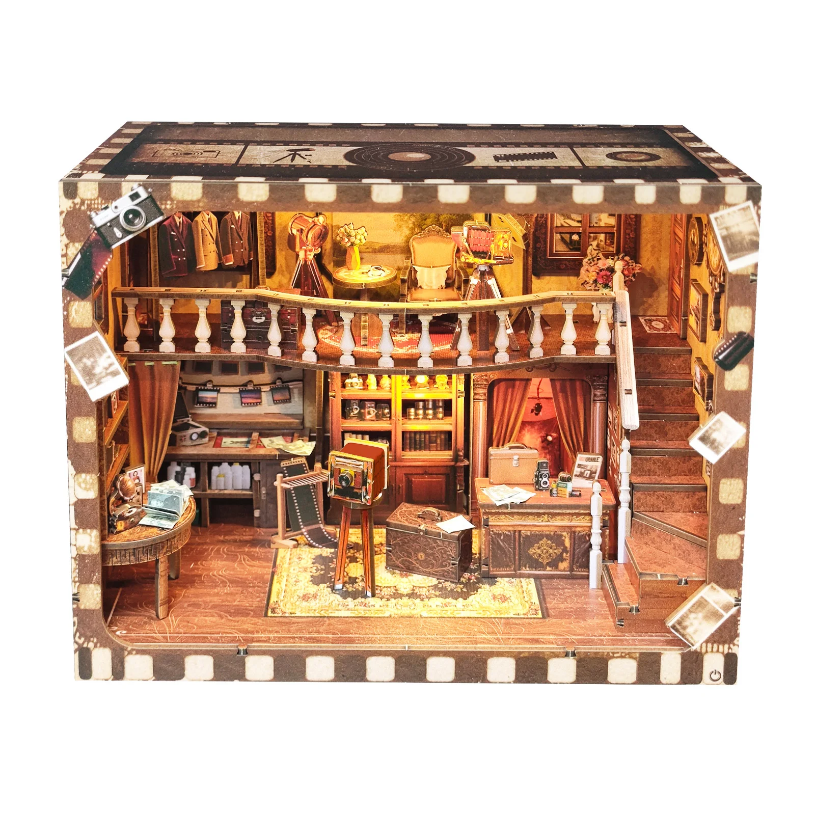 DIY Wooden Book Nook Shelf Insert Kit Nostalgic Photo Studio Bookend Miniature Model Kits Bookshelf with Light for Friends Gifts