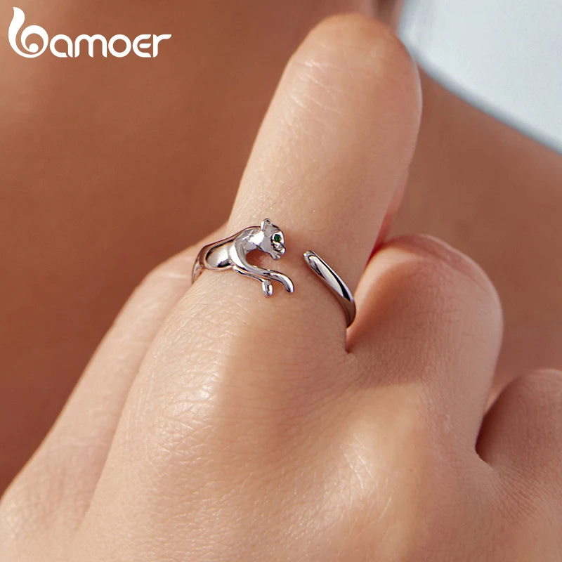 

Bamoer 925 Sterling Silver Cute Leopard Ring Adjustable Wildlife Animal Ring with Green Zircon for Women Teens Daily Party Gift