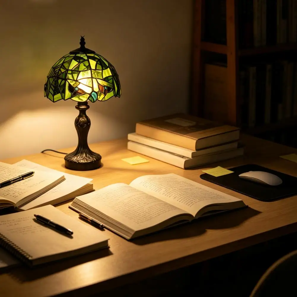Classic Tiffany Style Retro Green Stained Glass Desk Lamp Hand-carved Resin Base Vintage Tiffany Style Table Light for Bedroom