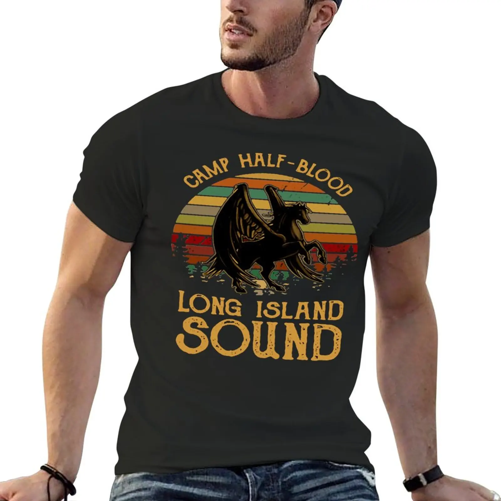 Vintage Percy Jackson Camp Half Blood Long Island Sound Sunset T-Shirt tees for a boy mens graphic t-shirts big and tall