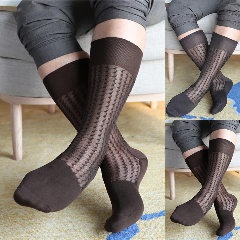 1 Pair Fashion Men's Sock Textured Formal Dress Silk Thin Socks Sexy Translucent Stockings Work Business Casual Man Stocking