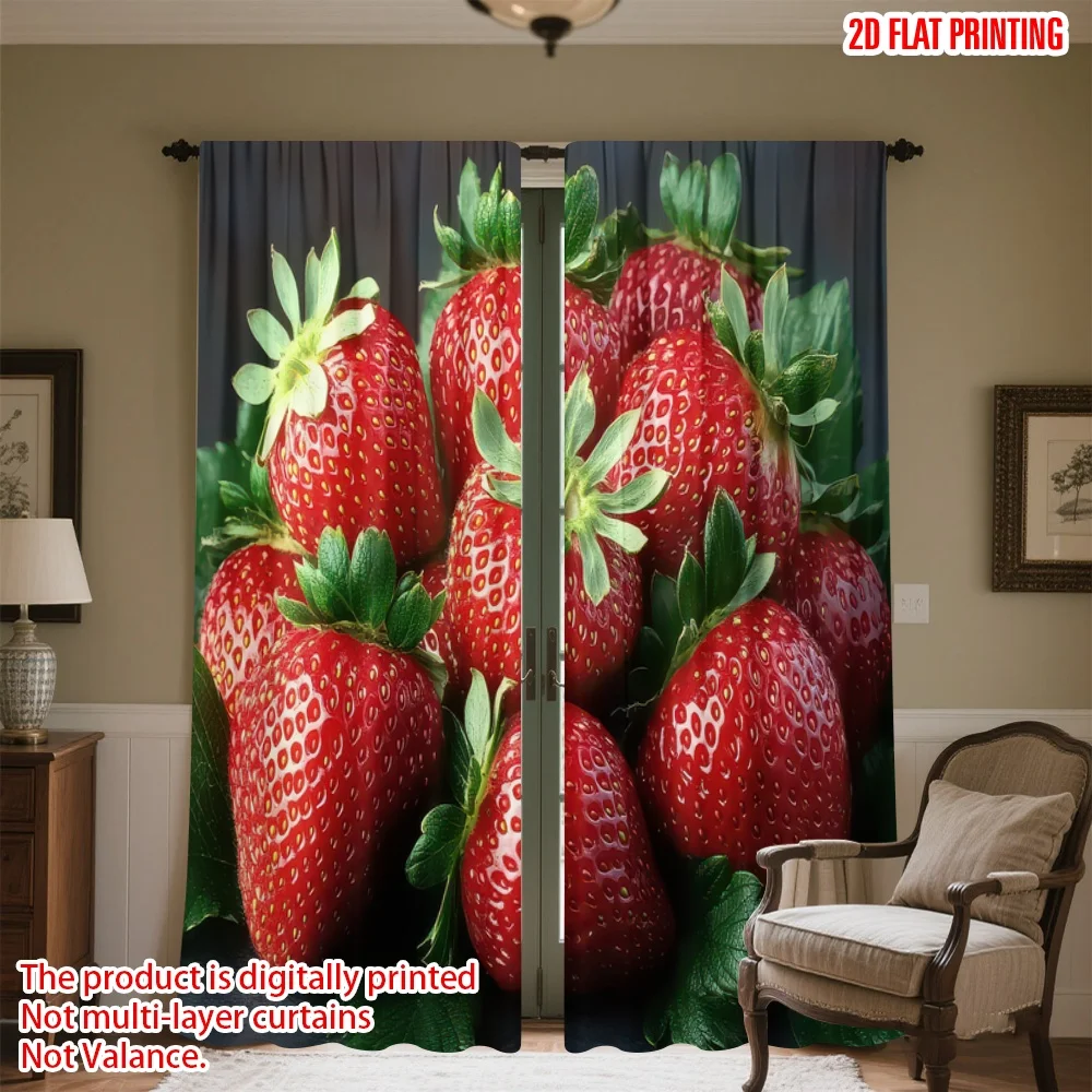 

2D flat printing 2pcs Window Treatment Curtains Fresh Ripe Strawberries Digital Printed Polyester Drapes All Season Party &