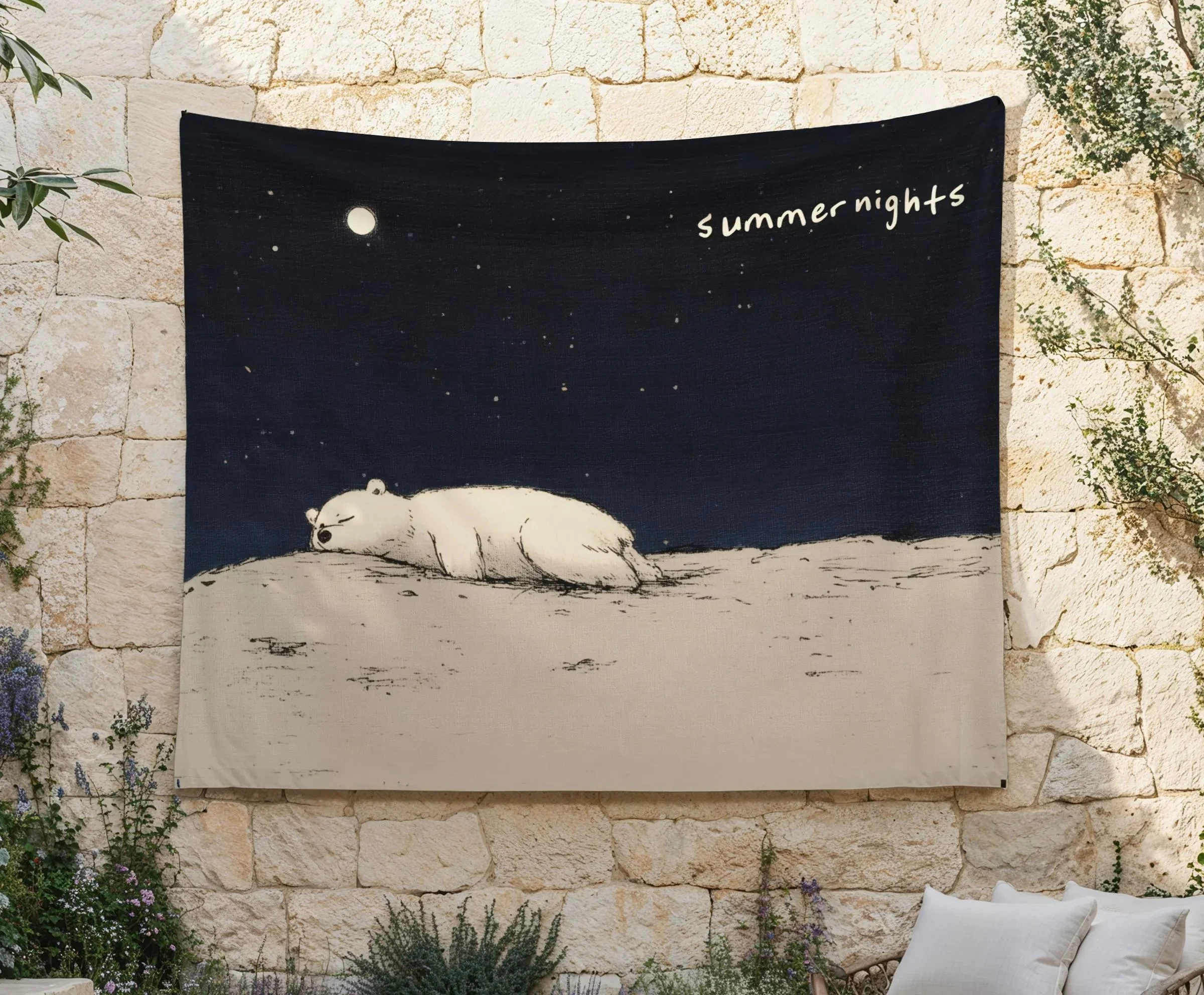 VIKAMA Summer Night Sleeping Bear Hand drawn Tapestry Healing Background Cloth Living Room Decoration Room Decoration