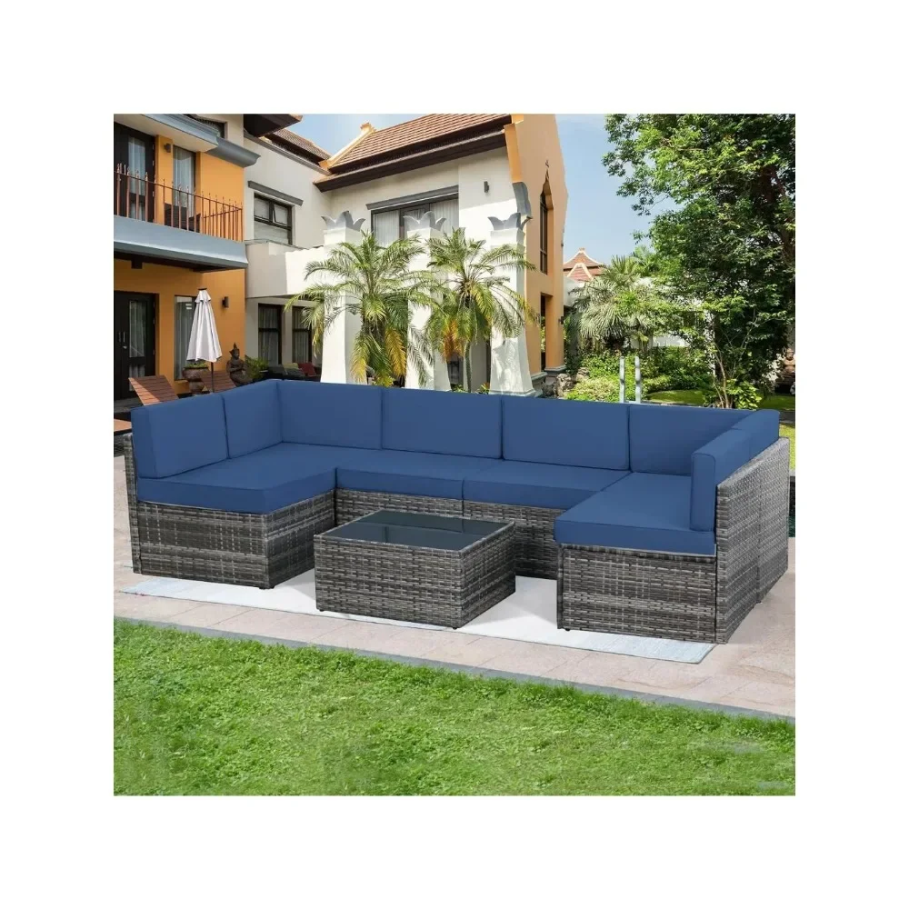 7pcs Outdoor Patio Furniture Set, PE Rattan Outdoor Grey Wicker Furniture, Sectional Furniture Chair Set w/ Cushions & Tea Table