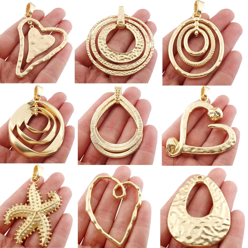 

1pc Bohemia Large Hammered Heart/Circles Elegant Charm Matte Gold Color Pendant For DIY Fashion Necklace Jewellery Accessories