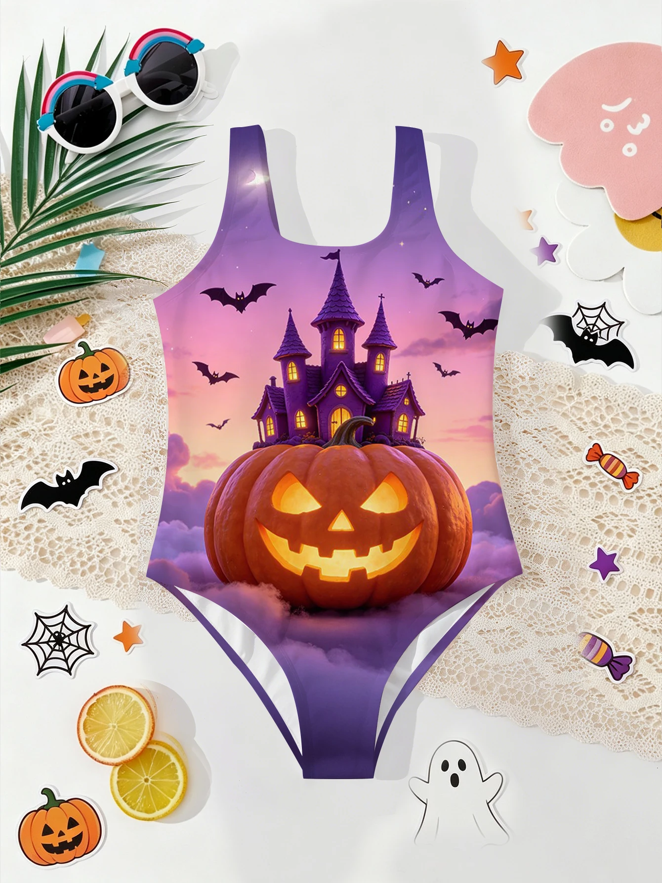 Girls' Summer Halloween Grand Pumpkin Castle Fashionable Tight One-piece Swimsuit 2
