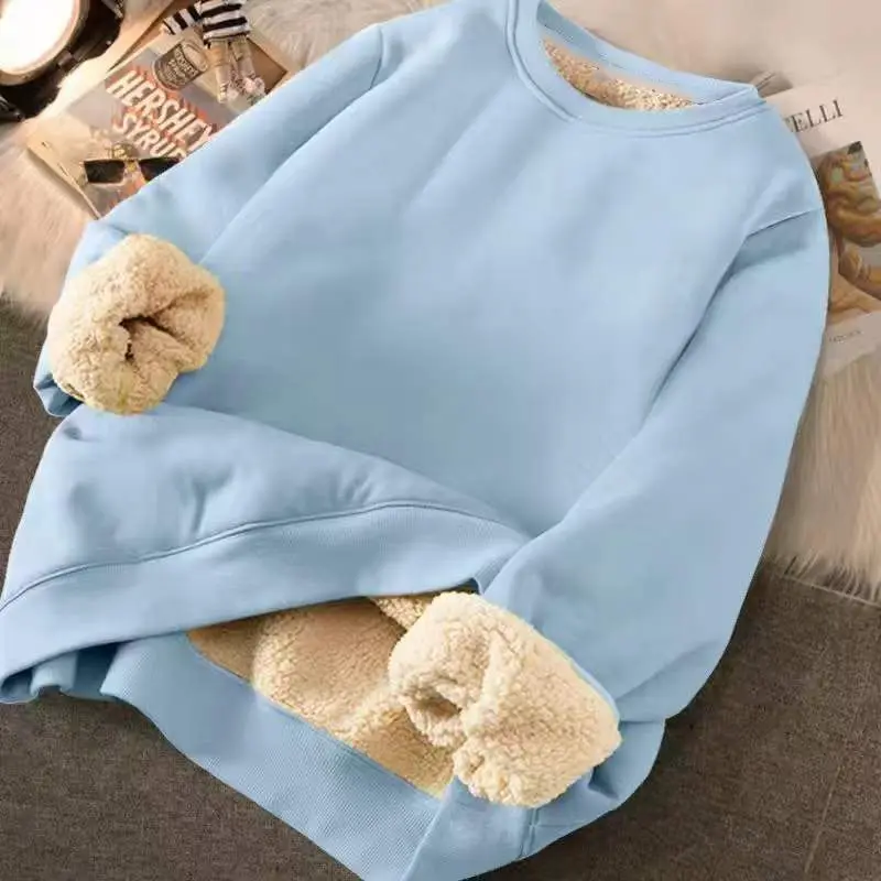 Sweatshirt Women's Winter Loose Solid Color Plush Thick Hooded Sweatshirt Warmth Padded Warm Fleece Lined Pullover Sweater Tops