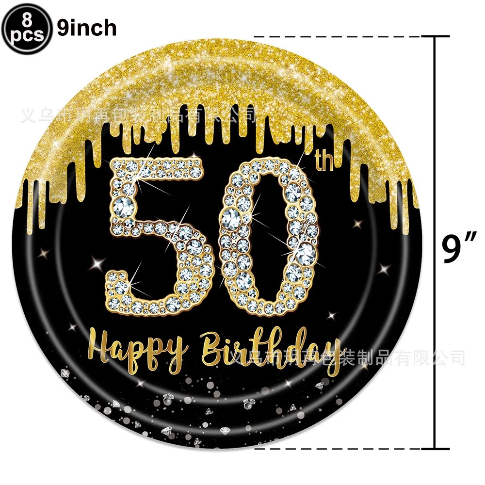 Happy Birthday Party Decorações para Adultos, 50th Birthday Party Supplies, Preto e Dourado Louça, Guardanapos, Papel, Pratos de Sobremesa