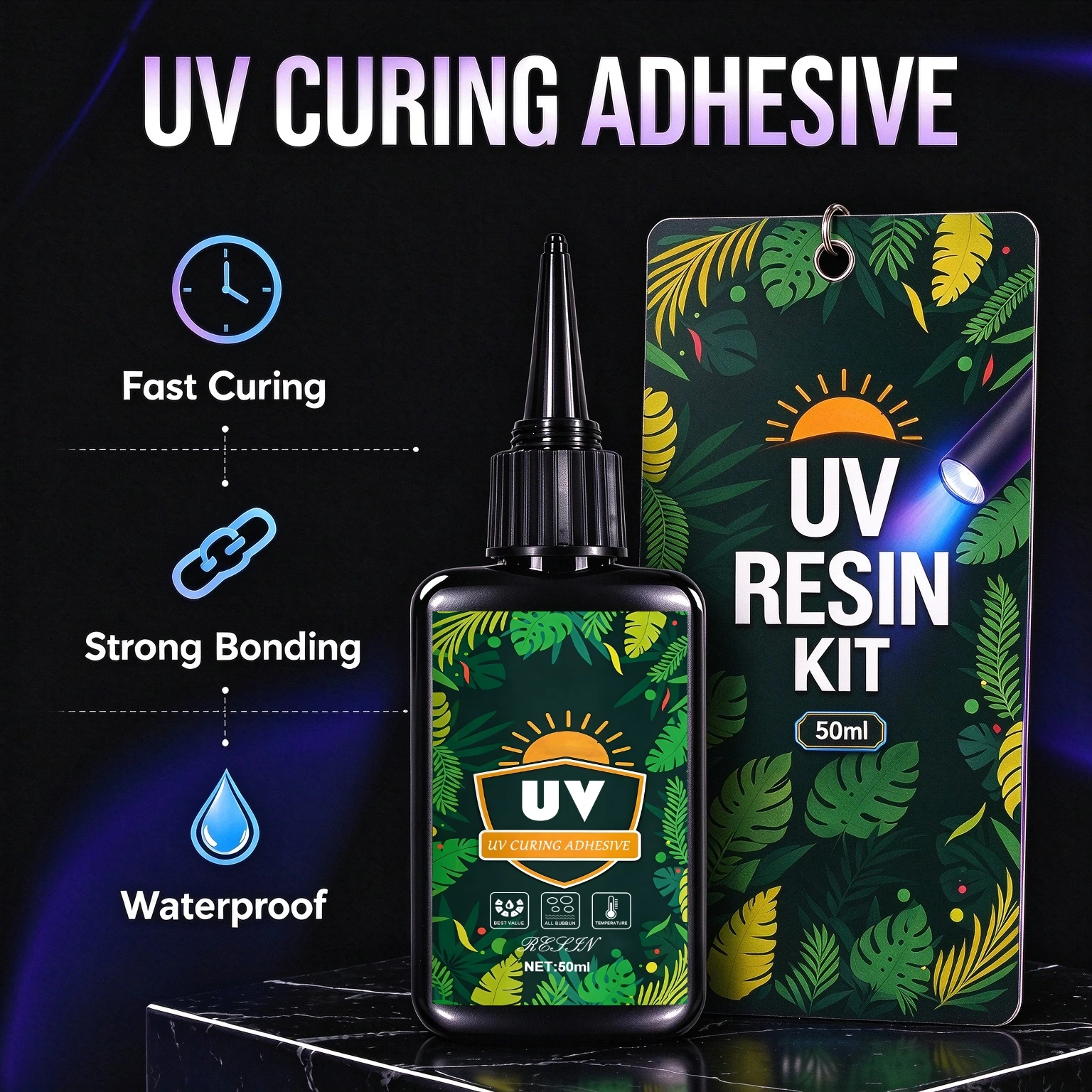 Uv-Curing Crystal Resin Glue Set, Transparent Hard Uv Glue, Comes with Uv Flashlight and Tweezers, Suitable for DIY Crafts and Repairs of Glass, Plastic, and Jewelry 50G/100G/150G
