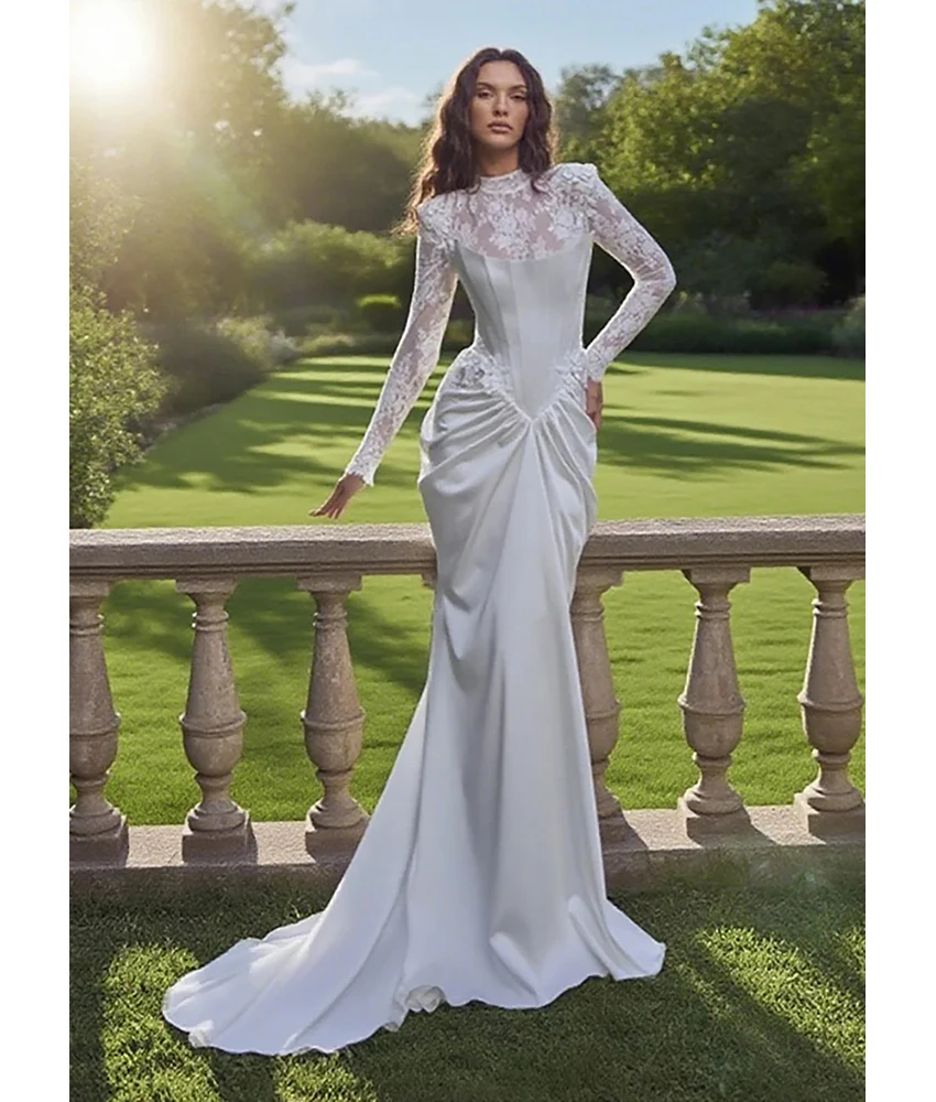 

MCDV Customized Classic Satin Mermaid Sequined 3D Flowers Lace Evening Dress Temperament Women Wedding Gowns Custom Size