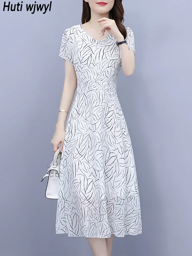 2024 White Print Chiffon Party Dress for Women Short Sleeve V-Neck Casual Long Dress Summer Elegant Bodycon Chic Prom Midi Dress