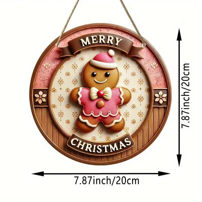 1pc, 2D Wooden Merry Christmas Pink Gingerbread Man7.9Inch/20cm Round Hanging Sign Wall or Door Decor Wall Art Outdoor Courtyard