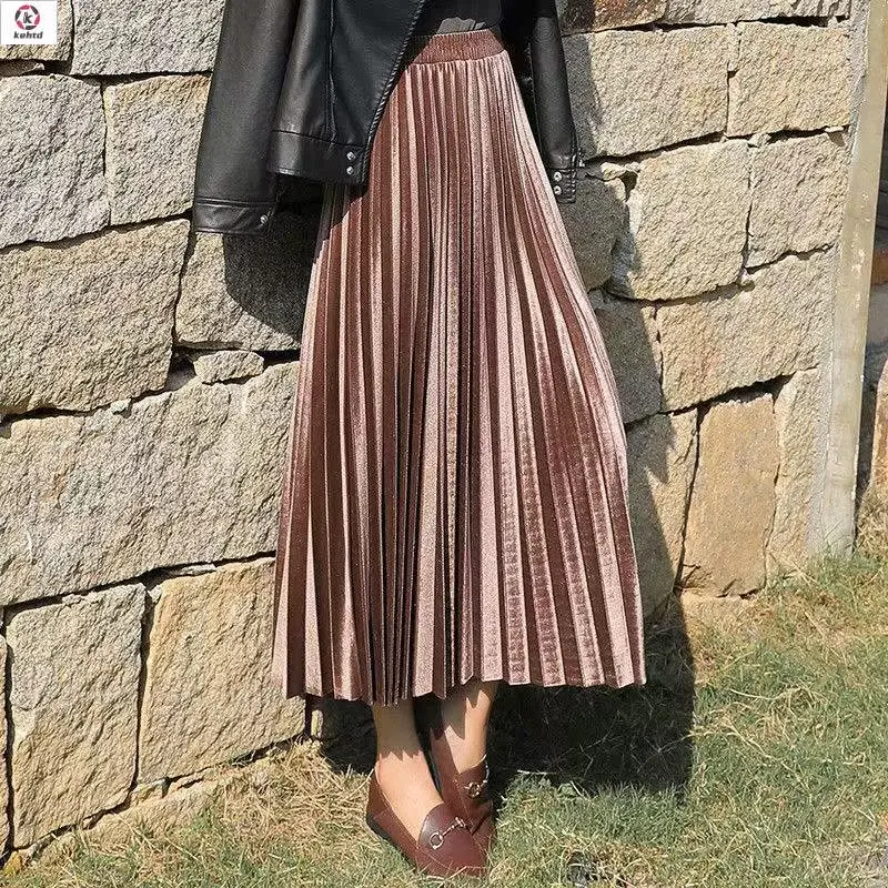 

Золотистая бархатная юбка миди А-силуэта с высокой талией, женская весенняя плиссированная длинная юбка, стройнящая фигуру, модная женская юбка