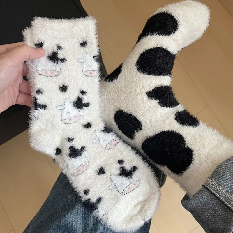 2Pairs Cute Cow Socks Autumn Winter Plush Mink Velvet Stockings Thicken Girl Floor Postpartum Home Dressing Kawaii Long Sock Y2k