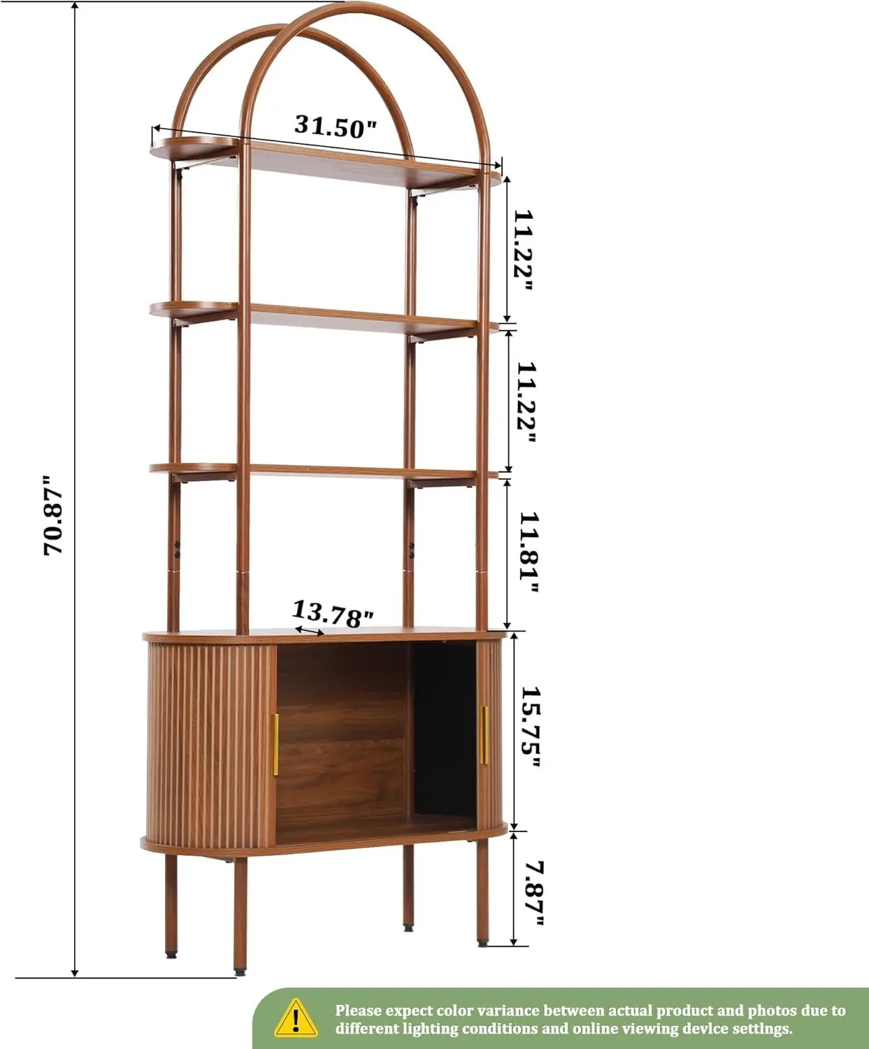 رف كتب مقوس مخدد بطول 71 بوصة مع أبواب الدف المنزلقة، خزانة كتب منحنية معدنية حديثة لمنتصف القرن (الجوز) #3