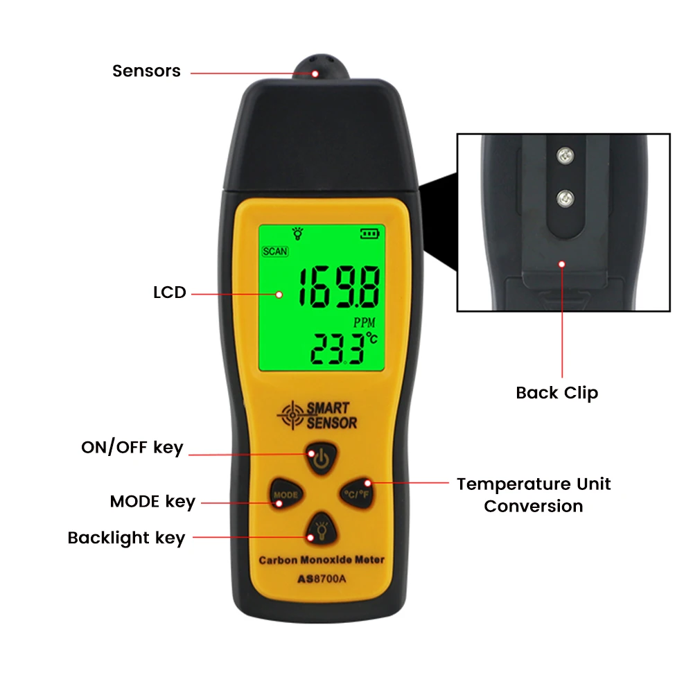 Smart Sensor AS8700A 0 ~ 1000ppm Rilevatore di monossido di carbonio Misuratore portatile per test dei gas di scarico per auto con allarme