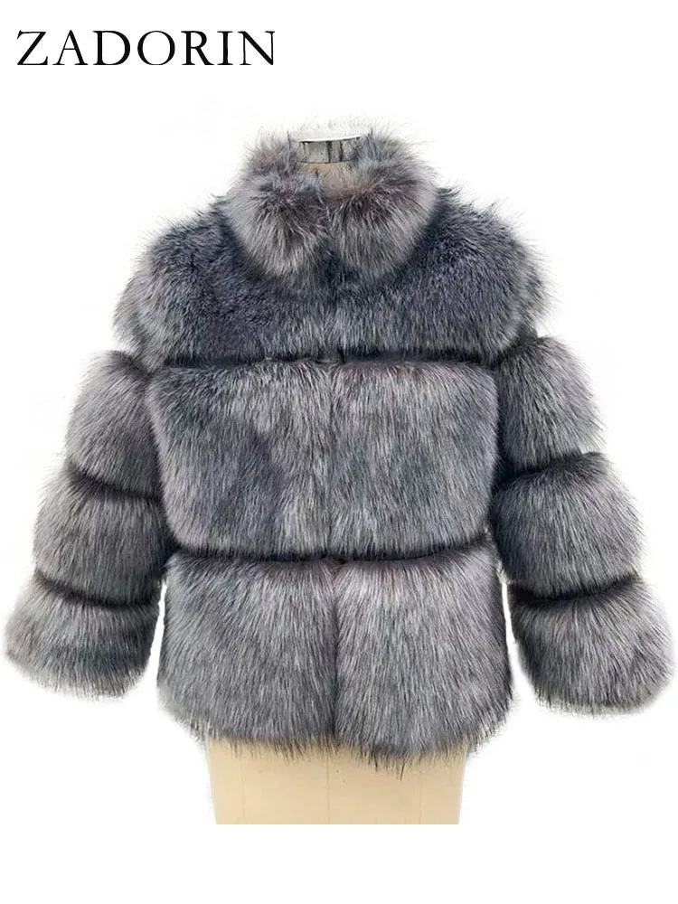 ZADORIN Luxury Winter Jacket Women Stand Collar Three-quarter Sleeve Fluffy Warm Faux Raccoon Fur Coat Cropped Jacket Tops Coats