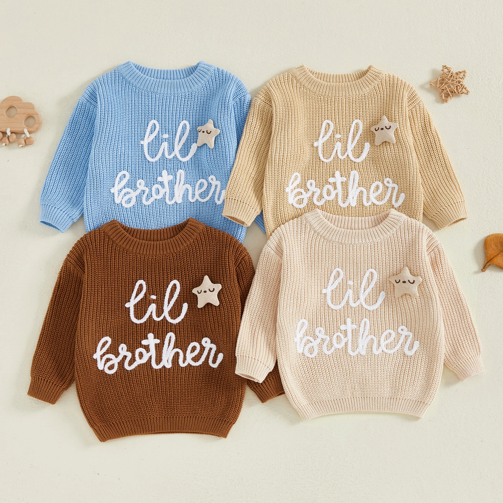 

Tregren Brother Matching Sweater Star Letter Embroidered Crewneck Long Sleeve Knit Tops for Baby Toddler Boys